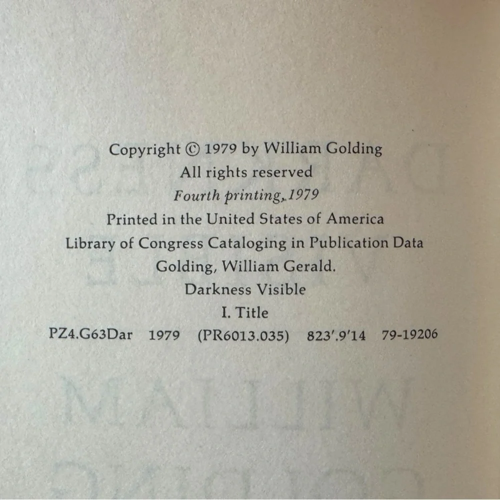 William Golding Darkness Visible | 1979 4th Printing Hardcover with Dust Jacket